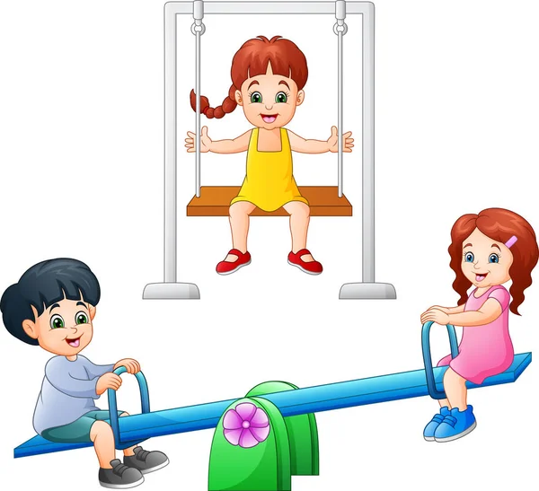 Niños Dibujos Animados Jugando Balanceo Swing — Vector de stock