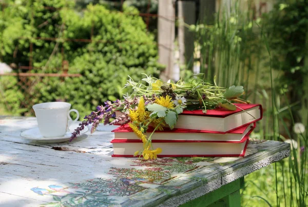 Natura Morta Giardino Rurale Con Libri Fiori Selvatici Una Brocca — Foto Stock