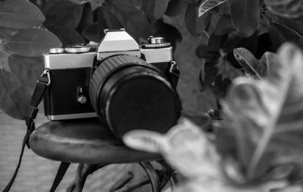 Siyah Beyaz Eski Bir Kameranın Yakın Plan Fotoğrafı — Stok fotoğraf