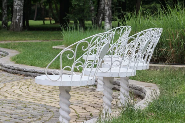 Imagem Close Cadeiras Jardim Vazias Parque Verde Verão — Fotografia de Stock
