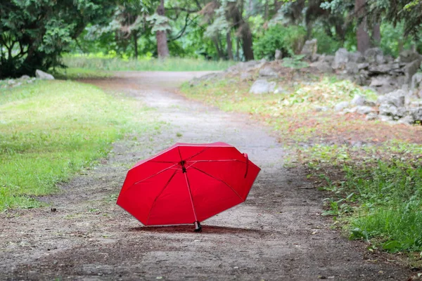 Uma Foto Guarda Chuva Vermelho Parque Verde Verão Vazio — Fotografia de Stock