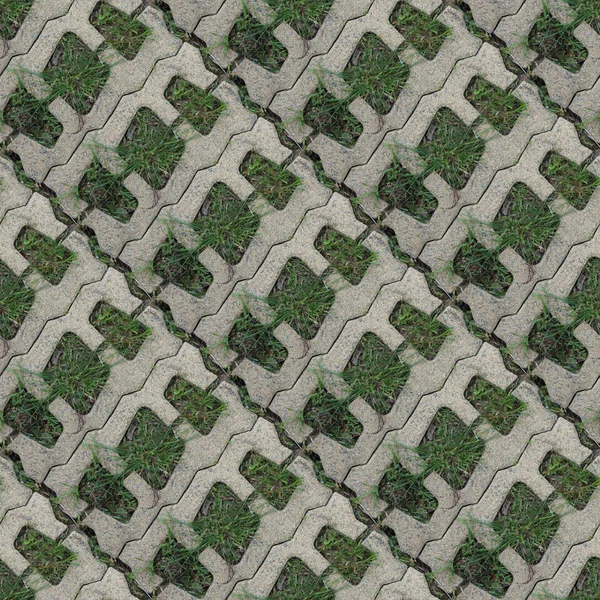 Seamless pattern with stone blocks of the original form on a park path covered and green grass