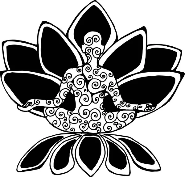 Черно-белая графическая иллюстрация медитирующего человека. Идея татуировки или отпечатка. Лотос и спирали . — стоковый вектор
