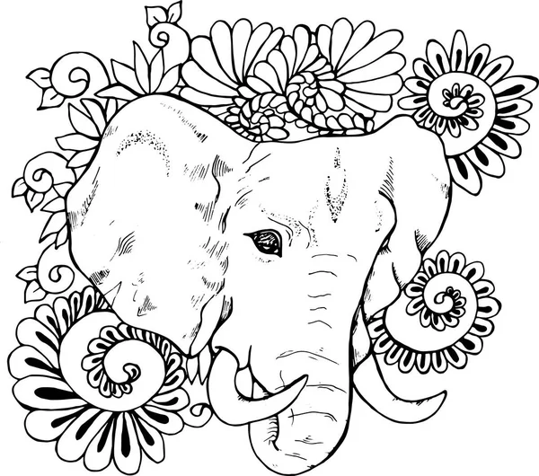 Disegno in bianco e nero di un elefante su uno sfondo di un ornamento. Ganesha divinità indiana — Vettoriale Stock