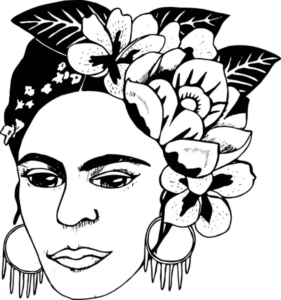 Μαύρο και λευκό εικόνα fhalo khalo. Εικονογράφηση των λουλουδιών και καλλιτεχνική γυναίκα — Διανυσματικό Αρχείο