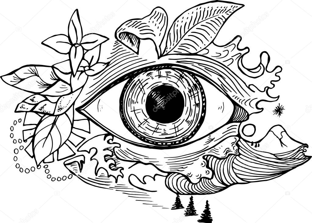 Black and white picture of an eye on a background of a landscape. Psychodynamic background
