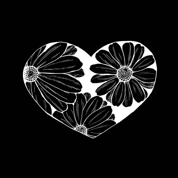 Illustration en noir et blanc d'un bouquet de camomilles au cœur. Craie sur un tableau noir — Image vectorielle