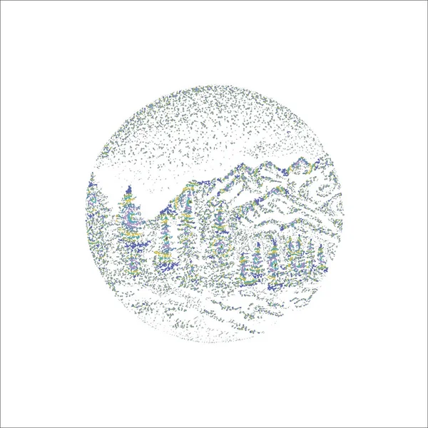 Color and white illustration of mountains inscribed in a circle, trees and the depth of the sky. — Stock Vector