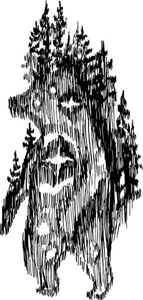 Svartvit illustration av en björn i dubbel exponering. Berg, träd, utrymme, natthimlen. — Stock vektor
