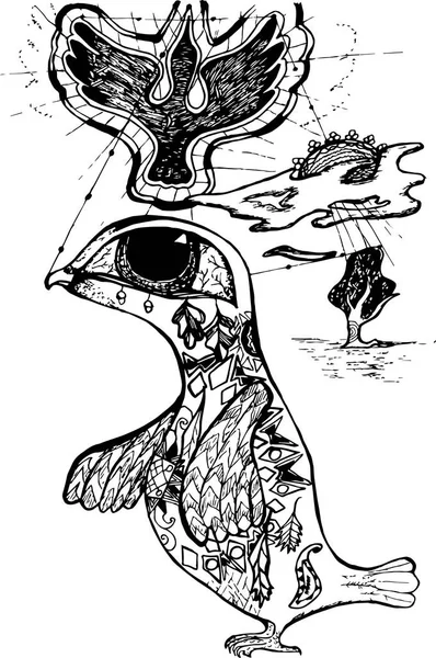Черно-белый узор мистической птицы с орнаментом. птичьи мечты о полете, деревья на горизонте — стоковый вектор