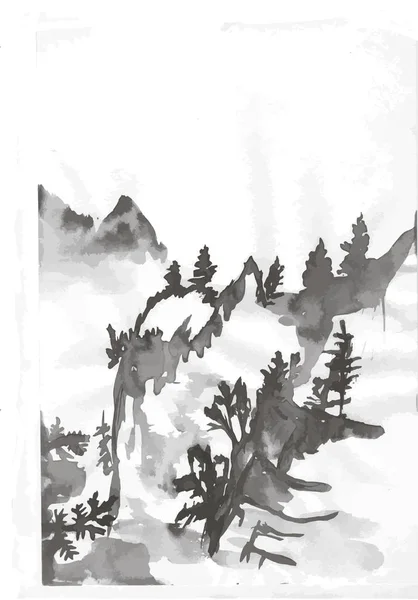 Schwarz weiße Mascara Illustration der chinesischen Berge und Bäume. — Stockvektor