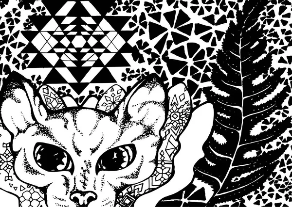 Kel bir kedi, psychedellic süs desen siyah ve beyaz çizimi — Stok Vektör