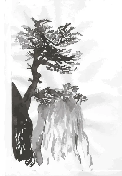 Zwart witte mascara illustratie van Chinese bergen en bomen. — Stockvector