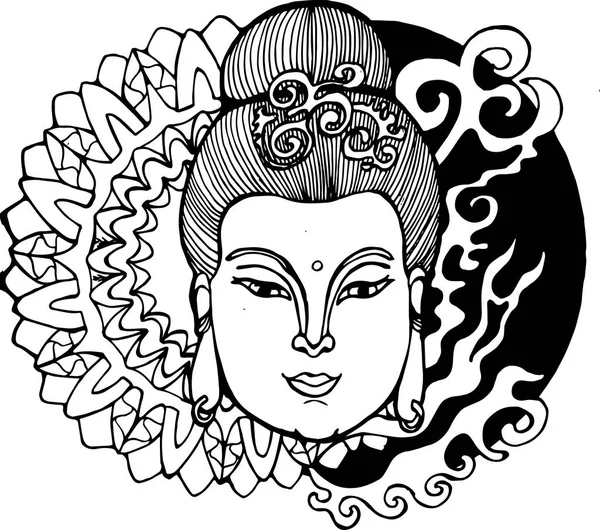 Modèle Noir Blanc Kuan Yin Femme Asiatique Motifs Idée Tatouage — Image vectorielle