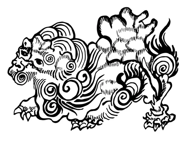 Svart vit illustration av ett kinesiska lejon. Historia och skydd. — Stock vektor