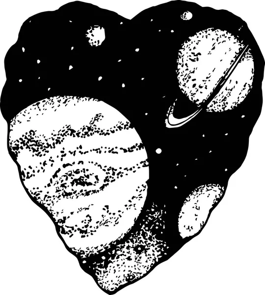 Illustration d'un cœur avec espace intérieur, saturne et planète. Idée de tatouage — Image vectorielle