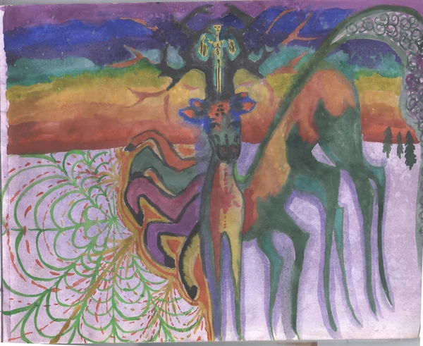 Illustratie van een meerwegstrop psychedelische kosmische hert. — Stockvector