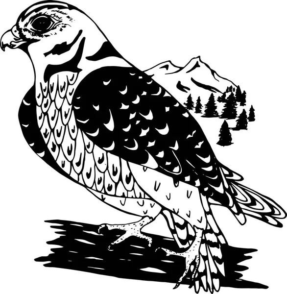 Ilustrace Psychedelické Falcon Profilu Pozadím Hor Stromů — Stockový vektor