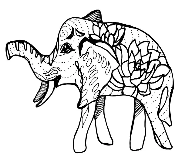 Ilustración de un elefante caminante con flores y patrones en el costado . — Vector de stock