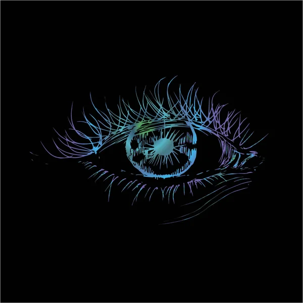 Color neon illustration with eye in the style of hatching. An idea for a tattoo. — Stock Vector