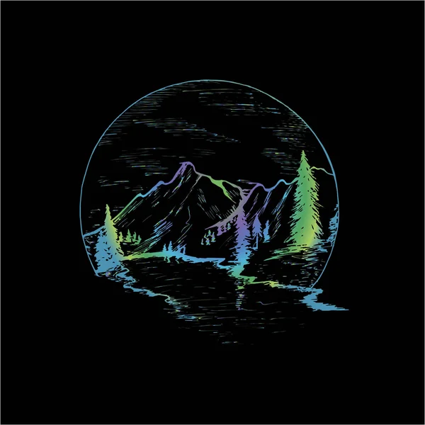 Farbige Neon-Illustration mit Bergen, Tannen und wunderschönem Himmel in einem Kreis. — Stockvektor