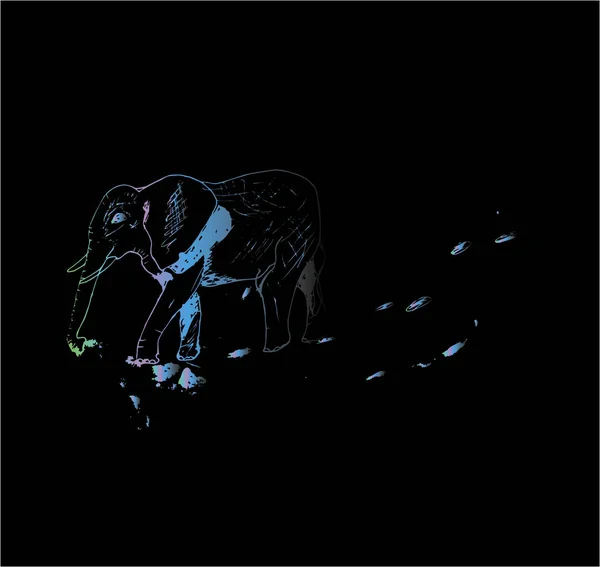 Ilustração de néon de cor de um elefante ambulante, feito no estilo de eclosão . — Vetor de Stock