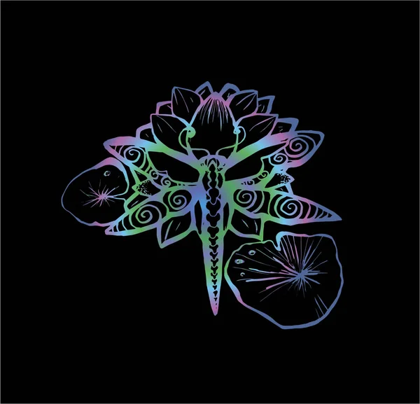 Farbige Neon-Illustration einer Libelle auf einem Lotus. Tätowierung. — Stockvektor