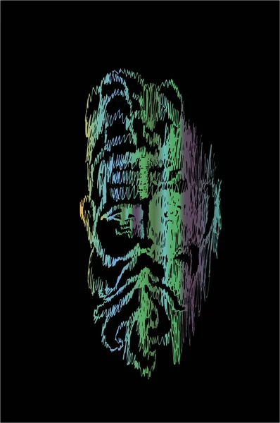 Ilustração de néon de cor com retrato de um homem velho indiano sábio. Olhos profundos . — Vetor de Stock