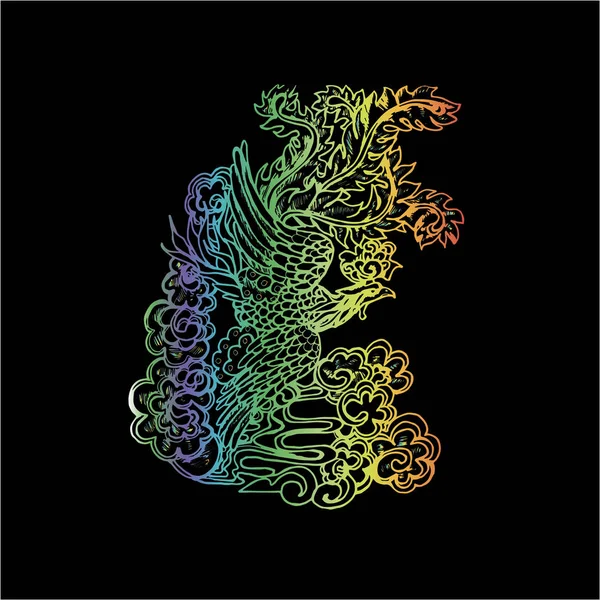 Illustration en couleur d'un phénix traditionnel chinois en spirales printanières et plantes . — Image vectorielle