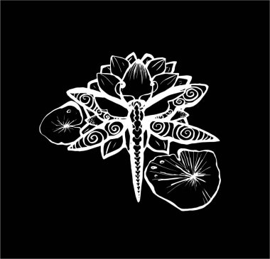 Bir yusufçuk bir lotus üzerinde Illustration. Dövme fikir. Bir tahtaya tebeşir.