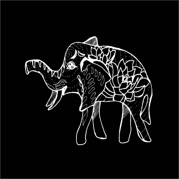 Ilustração de um elefante ambulante com flores e padrões no lado. Giz em um quadro negro . — Vetor de Stock