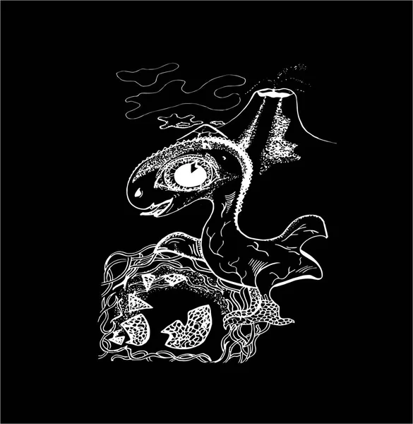 Ilustração de um dragão recém-nascido com o vulcão no fundo. Giz em um quadro negro . — Vetor de Stock
