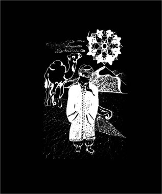 Bir deve kumlu bir tepede, Mısır headdress ve güneş mandala içinde Illustration. Bir tahtaya tebeşir.