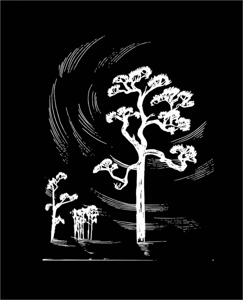Illustration of trees and deep sky. Tattoo idea. Chalk on a blackboard. — Stock Vector