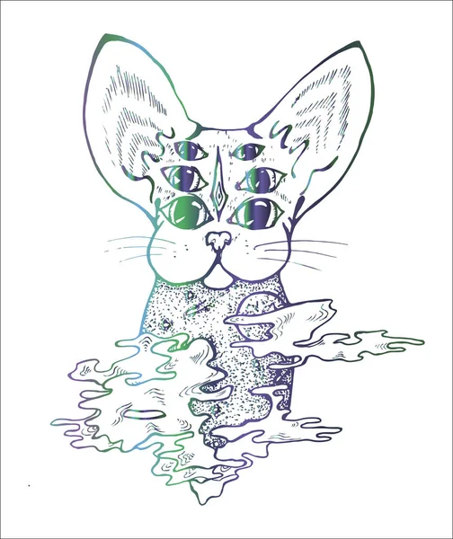 Eine Illustration einer psychodelischen Katze. Schwarz-weiße Zeichnung einer Katze. Tätowierung — Stockvektor