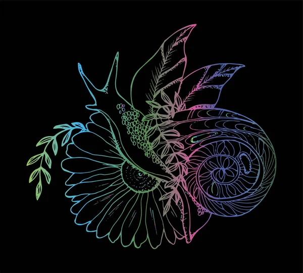 Eine Illustration einer Schnecke, die durch eine Blume kriecht. Farbzeichnung. Tätowierung. — Stockvektor