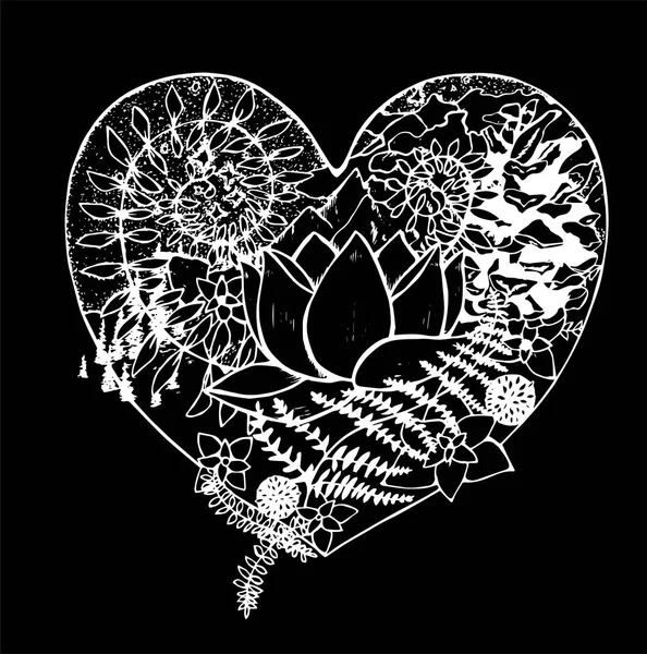 Чорно-білий малюнок серця, в якому лотос, папороть, конус, гори, хмари, дерева. Крейда на дошці . — стоковий вектор
