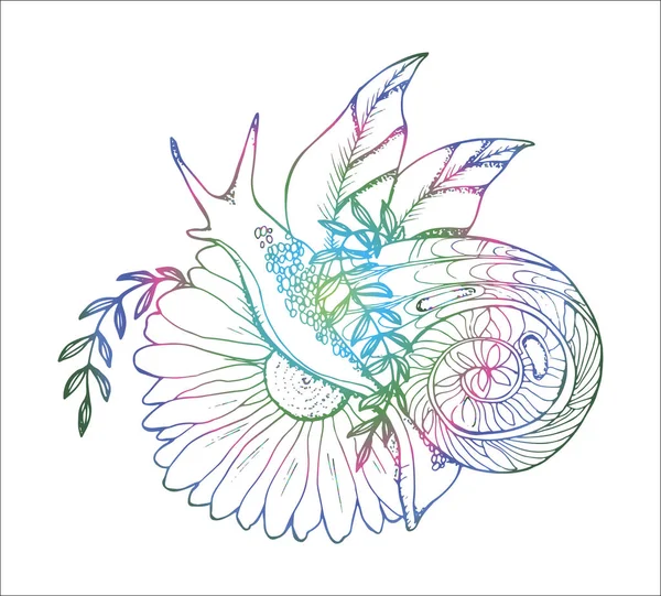 Illustration d'un escargot rampant à travers une fleur. Dessin couleur . — Image vectorielle