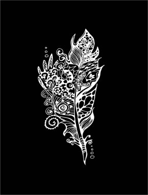 Doodle desenleri ile stilize tüyleri ile Illustration. Tahta üzerinde tebeşir.