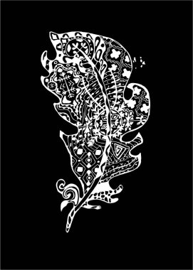 Doodle desenleri ile stilize tüyleri ile Illustration. Tahta üzerinde tebeşir