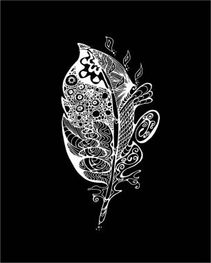 Doodle desenleri ile stilize tüyleri ile Illustration. Tahta üzerinde tebeşir.