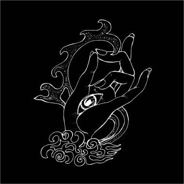 Avuç üzerinde bir göz ile akıllıca bir pozisyonda bir el Illustration. Dövme fikri. Tahta üzerinde tebeşir.