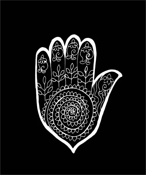 Illustrayion of a hamsa with an ornament in the style of mehendi. Chalk on a blackboard. — Stock Vector