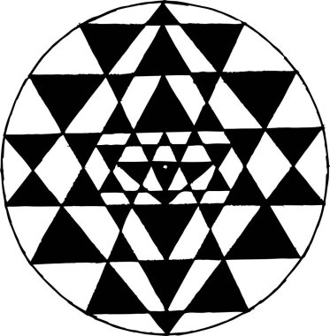 Shri Yantra'nın siyah beyaz illüstrasyonu. Üçgenler ve konsantrasyon. Dövme fikri.