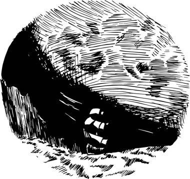 Fırtınada bir gemi ile siyah beyaz illüstrasyon. Kasvetli gökyüzü, dalgalar, atıcılık.