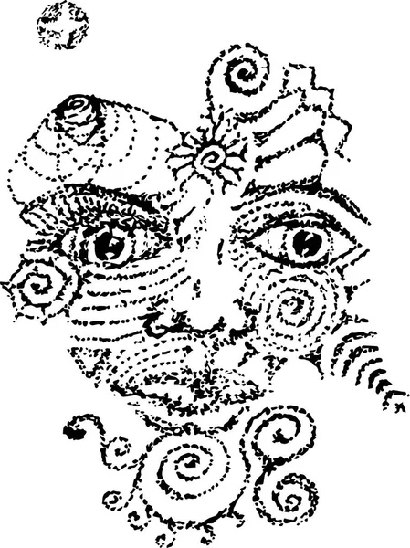 Fekete-fehér illusztráció az arca a Shamna, a szellem az erdő stílusában dotwork. — Stock Vector