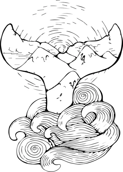 Illustrazione in bianco e nero di una coda di balene che scompare nell'onda del mare. Grafica, sole, montagna. Idea per tatuaggio . — Vettoriale Stock