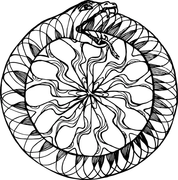 Foto em preto e branco de uma cobra de Uroboros comendo sua cauda. Padrão, ideia para tatuagem . —  Vetores de Stock