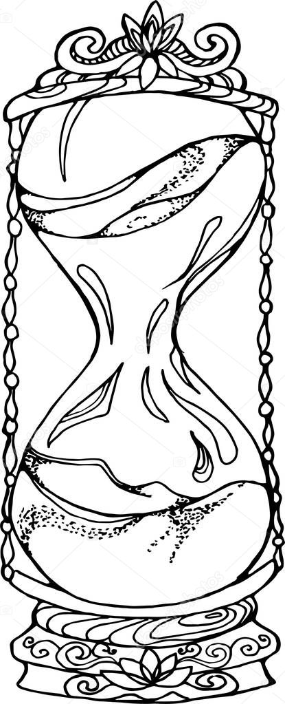 Black white picture of hourglass  in old style. Tattoo idea.