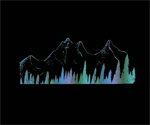 Kleurovergang illustratie van bergen en bomen. Tattoo idee. — Stockvector